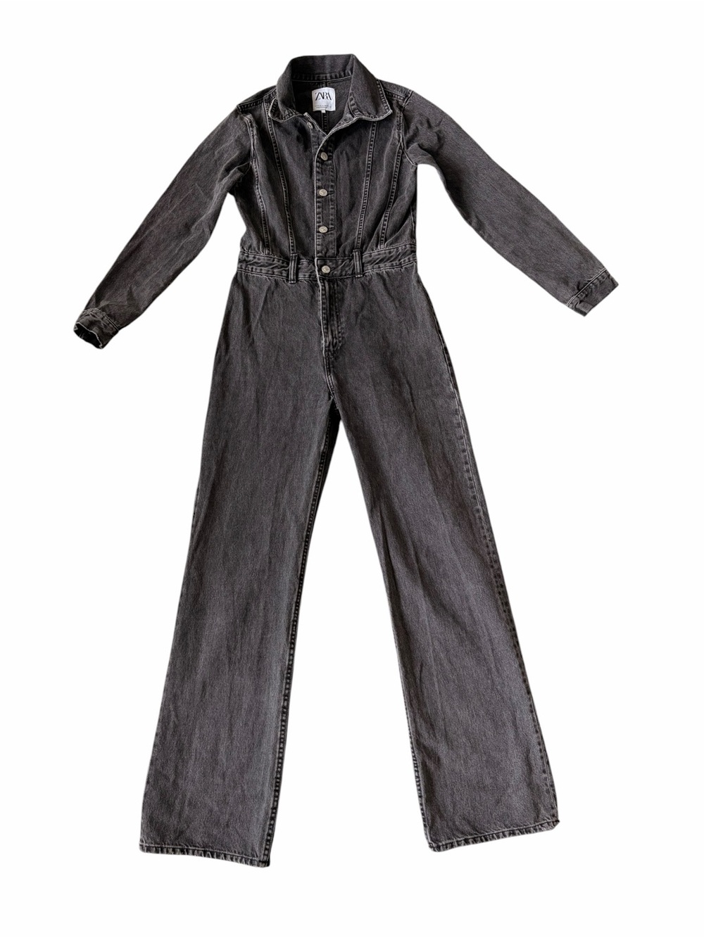 Zara Washed Black Denim Jumpsuit with Button Front
